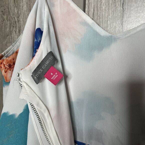 Vince Camuto Midi Dress White Color Floral Print Ruffle Neckline Size 4 - Picture 7 of 9